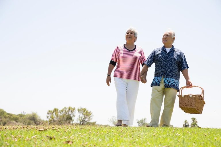Couple of older adults going to a picnic